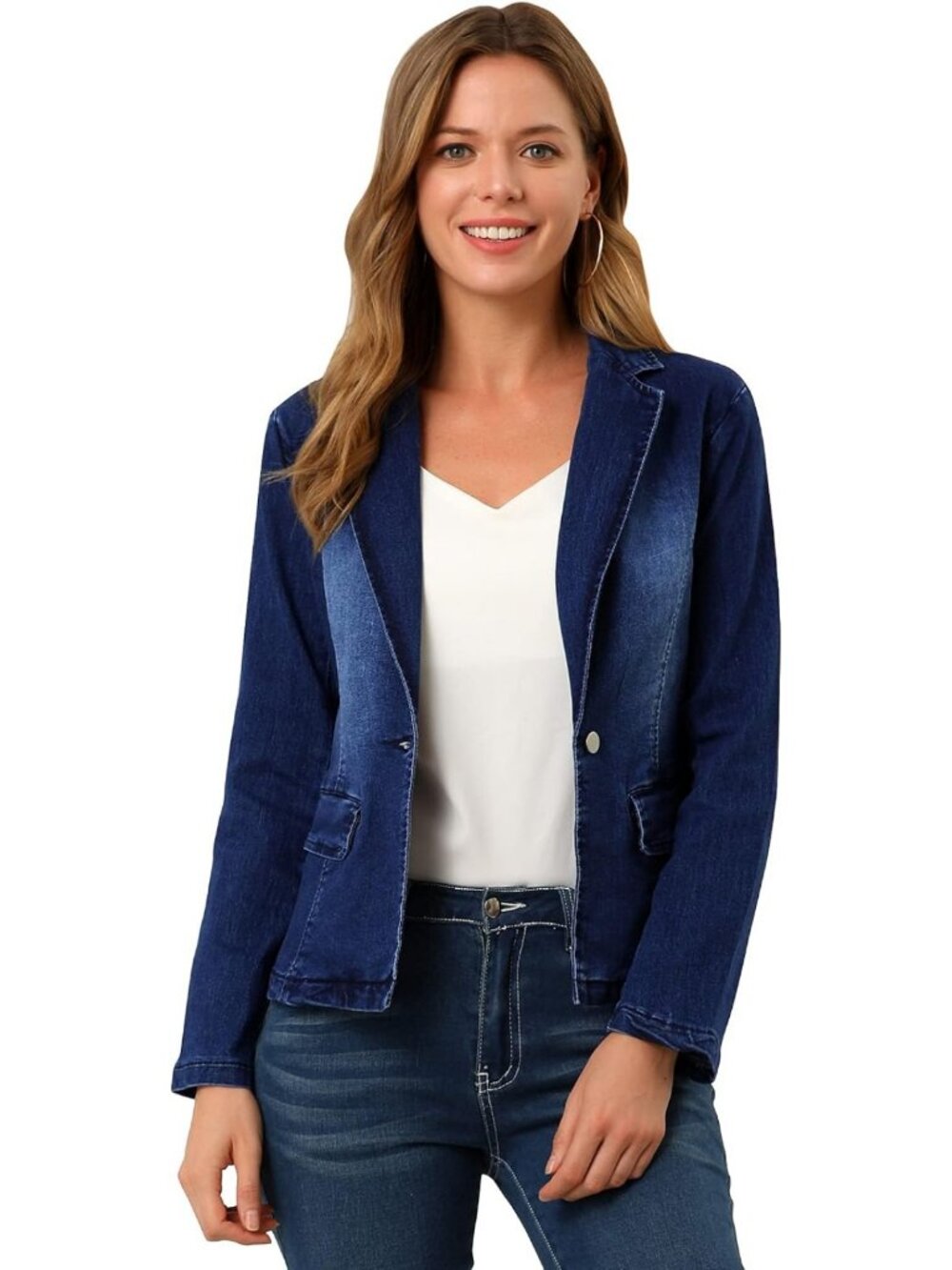 Chic Notched Lapel One Button Long Sleeve Denim Blazer for Stylish Business Wear